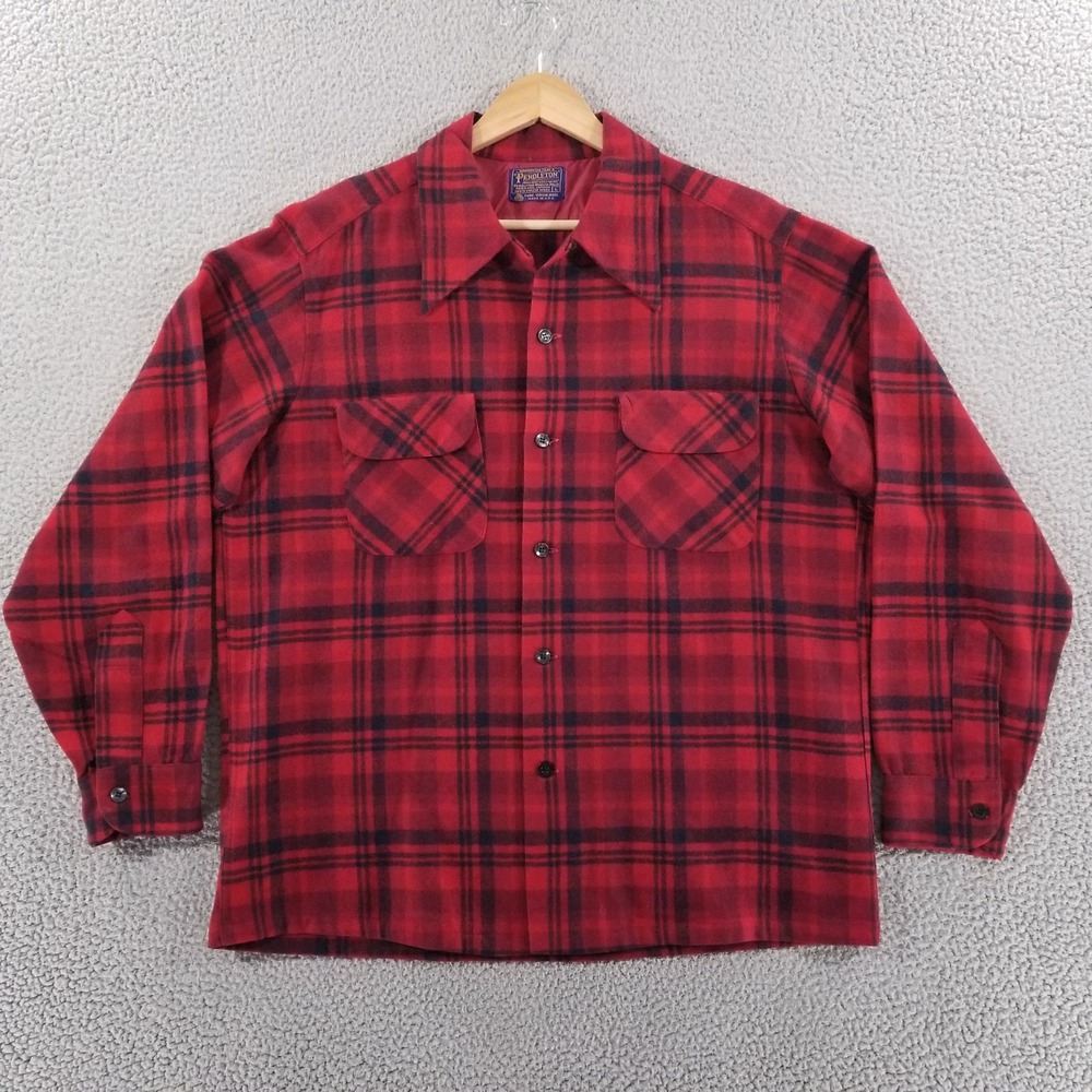 Vtg Pendleton Board Shirt Large Red Buffalo Mackinaw Wool 60s 70s Loop Collar